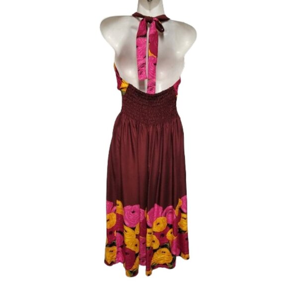 Halter Colorful Dress Summer Halter Dress in Pink Orange and Maroon Floral Print - Picture 2 of 15